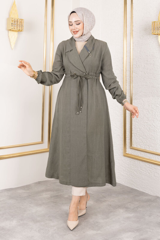 Yakası Fermuar Detaylı Beli Büzgülü Kap TSD250181 Haki - Tesettür Dünyası