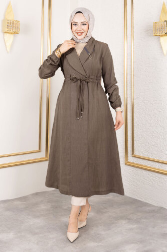 Yakası Fermuar Detaylı Beli Büzgülü Kap TSD250181 Kahverengi - Tesettür Dünyası