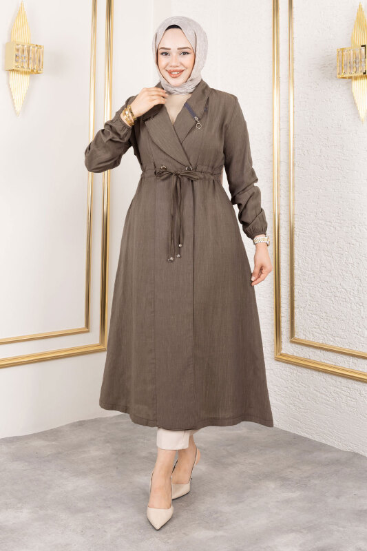 Yakası Fermuar Detaylı Beli Büzgülü Kap TSD250181 Kahverengi - Tesettür Dünyası
