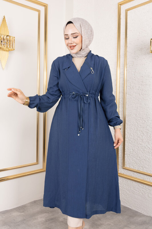 Yakası Fermuar Detaylı Beli Büzgülü Kap TSD250181 Lacivert - Tesettür Dünyası (1)