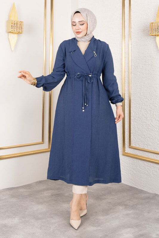 Yakası Fermuar Detaylı Beli Büzgülü Kap TSD250181 Lacivert - Tesettür Dünyası