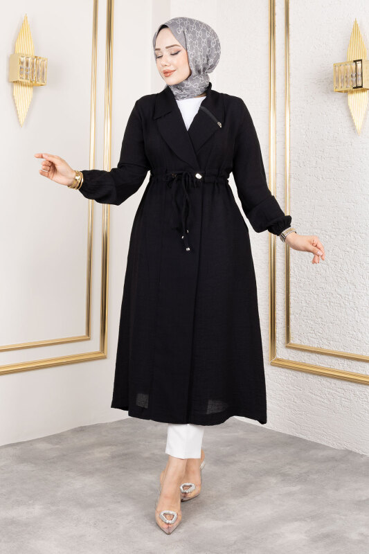 Yakası Fermuar Detaylı Beli Büzgülü Kap TSD250181 Siyah - Tesettür Dünyası