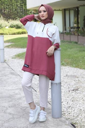 Yakası Fermuarlı Tunik TSD220529 Gül Kurusu - Tesettür Dünyası