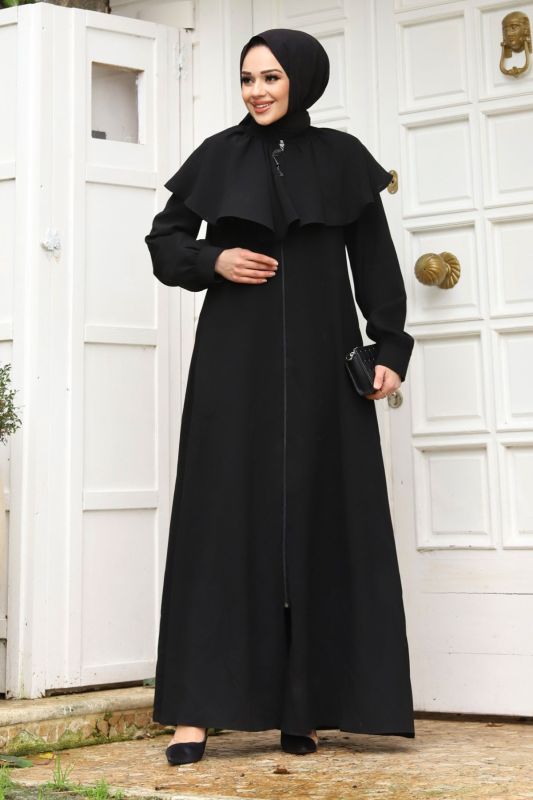 Yakası Fırfır Detaylı Ferace TSD240118 Siyah - Tesettür Dünyası