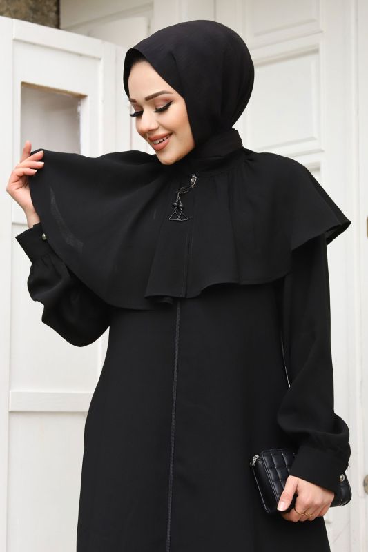 Yakası Fırfır Detaylı Ferace TSD240118 Siyah - Tesettür Dünyası (1)