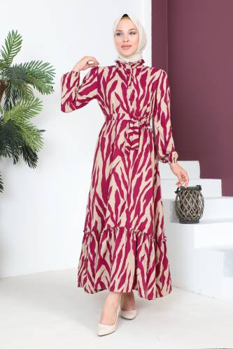 Yakası Fırfırlı Zebra Desenli Elbise TSD230725 Fuşya 