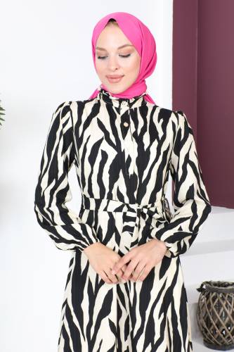 Yakası Fırfırlı Zebra Desenli Elbise TSD230725 Siyah - 2