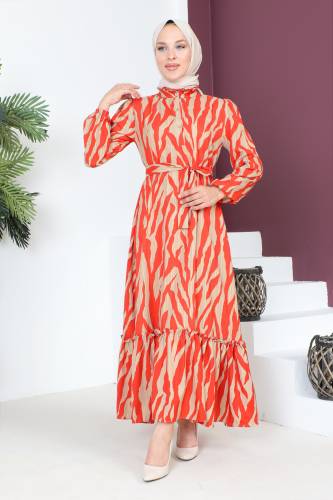 Yakası Fırfırlı Zebra Desenli Elbise TSD230725 Turuncu 