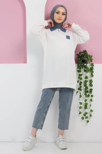 Yakası Kot Detaylı Sweatshirt TSD220415 Beyaz 