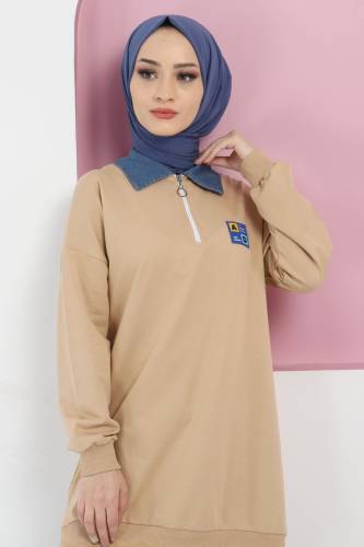 Yakası Kot Detaylı Sweatshirt TSD220415 Camel 