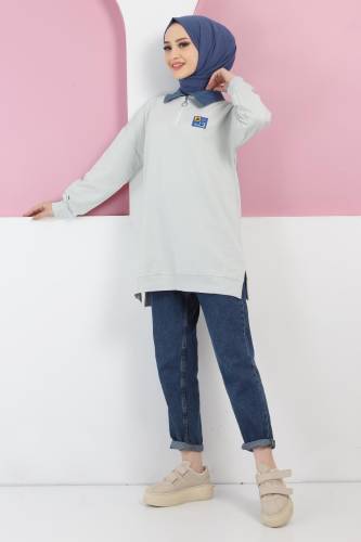 Yakası Kot Detaylı Sweatshirt TSD220415 Gri - Tesettür Dünyası (1)
