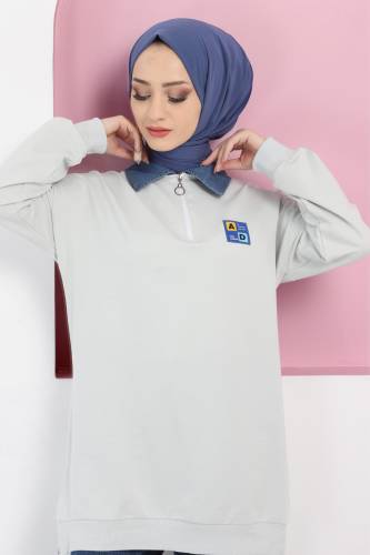 Yakası Kot Detaylı Sweatshirt TSD220415 Gri 