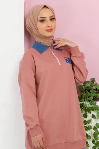 Yakası Kot Detaylı Sweatshirt TSD220415 Gül Kurusu - 4