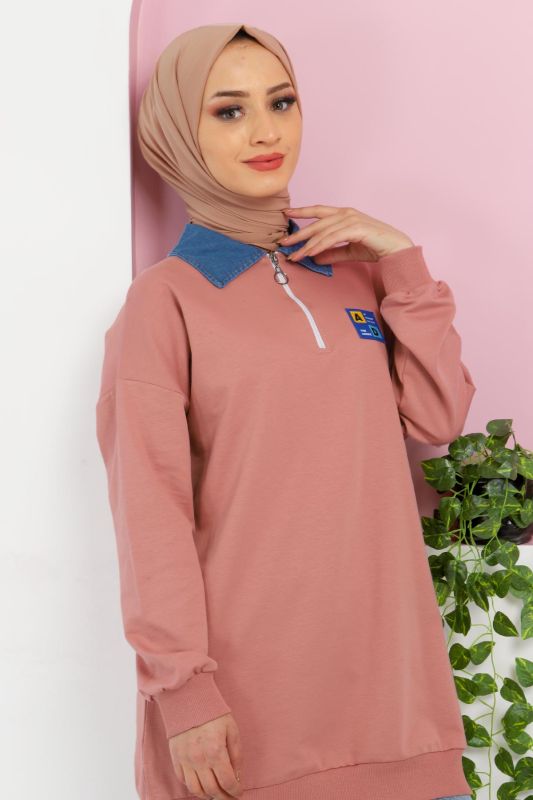 Yakası Kot Detaylı Sweatshirt TSD220415 Gül Kurusu - 4