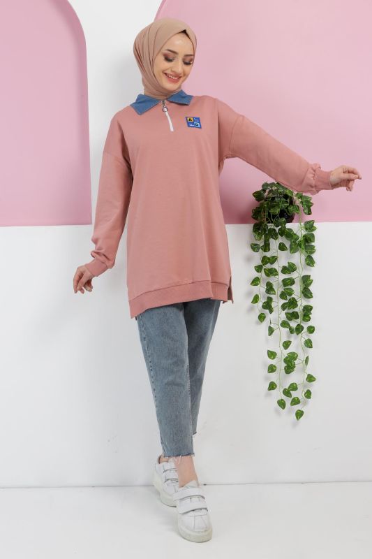 Yakası Kot Detaylı Sweatshirt TSD220415 Gül Kurusu - 1