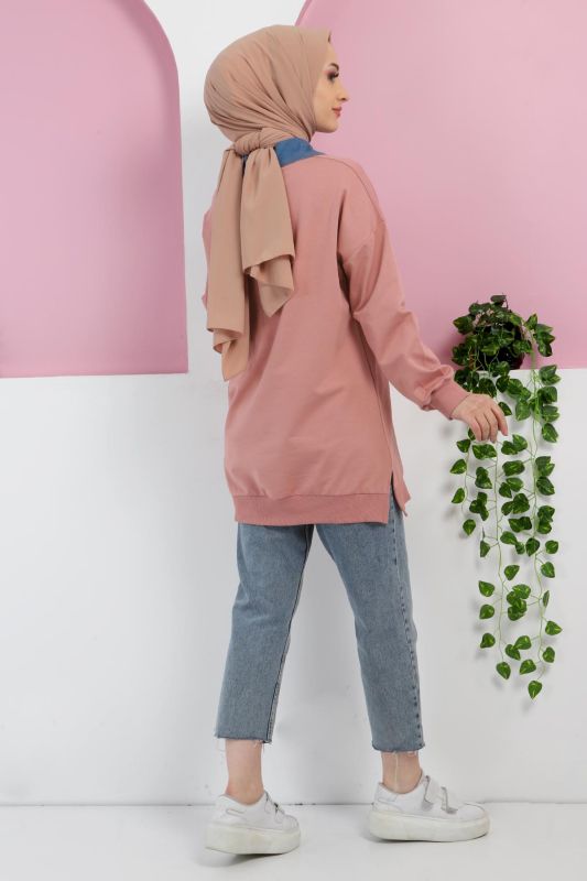 Yakası Kot Detaylı Sweatshirt TSD220415 Gül Kurusu - 5