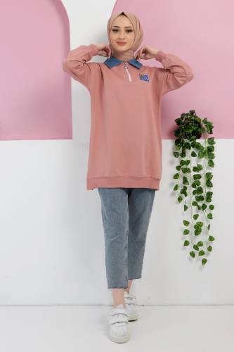 Yakası Kot Detaylı Sweatshirt TSD220415 Gül Kurusu - 2