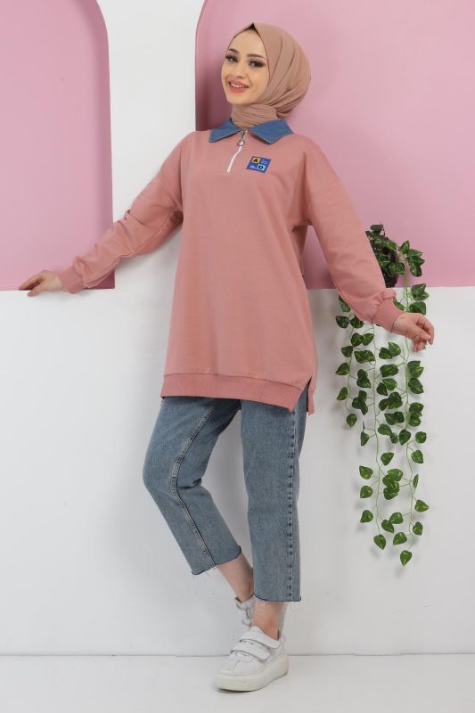Yakası Kot Detaylı Sweatshirt TSD220415 Gül Kurusu - 3