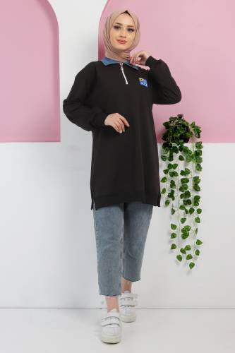 Yakası Kot Detaylı Sweatshirt TSD220415 Siyah - Tesettür Dünyası (1)
