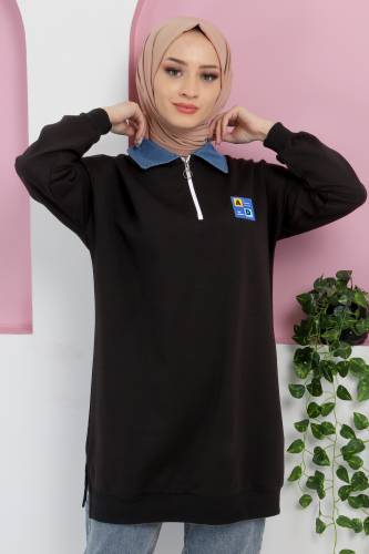 Yakası Kot Detaylı Sweatshirt TSD220415 Siyah 