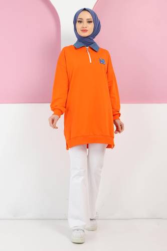 Yakası Kot Detaylı Sweatshirt TSD220415 Turuncu 