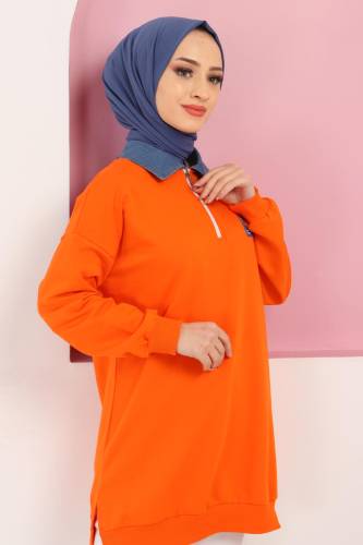 Yakası Kot Detaylı Sweatshirt TSD220415 Turuncu - Tesettür Dünyası (1)