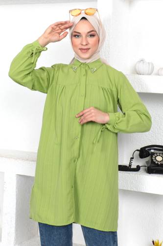 Yakası Taş Detaylı Tunik TSD230107 Fıstık Yeşili 