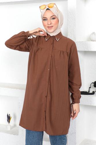 Yakası Taş Detaylı Tunik TSD230107 Kahverengi 