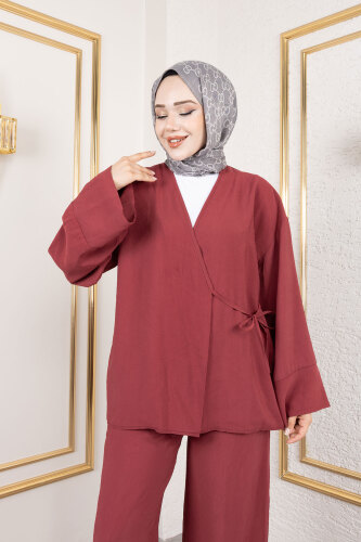 Yan Bağlamalı Kimono Takım TSD250200 Bordo - Tesettür Dünyası (1)