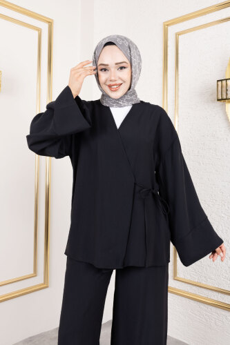 Yan Bağlamalı Kimono Takım TSD250200 Siyah - Tesettür Dünyası (1)
