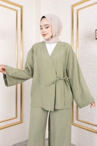 Yan Bağlamalı Kimono Takım TSD250200 Yeşil - Tesettür Dünyası (1)