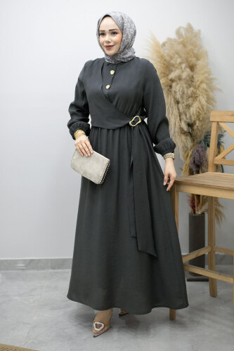 Yan Bağlamalı Toka Detaylı Elbise TSD260203 Füme 