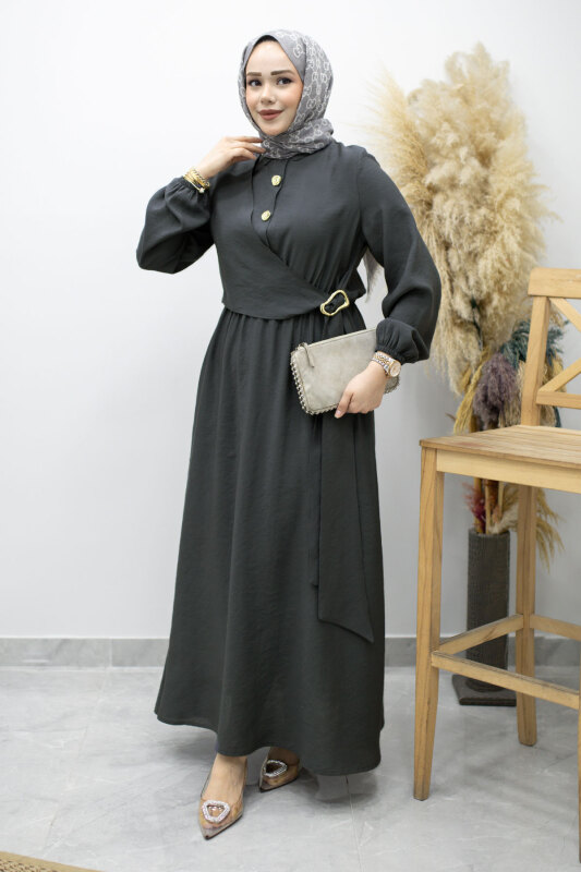 Yan Bağlamalı Toka Detaylı Elbise TSD260203 Füme - 3