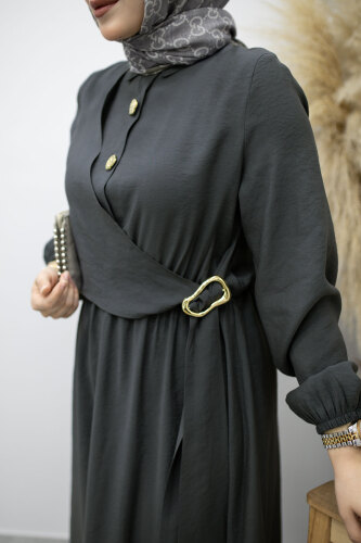 Yan Bağlamalı Toka Detaylı Elbise TSD260203 Füme - 4