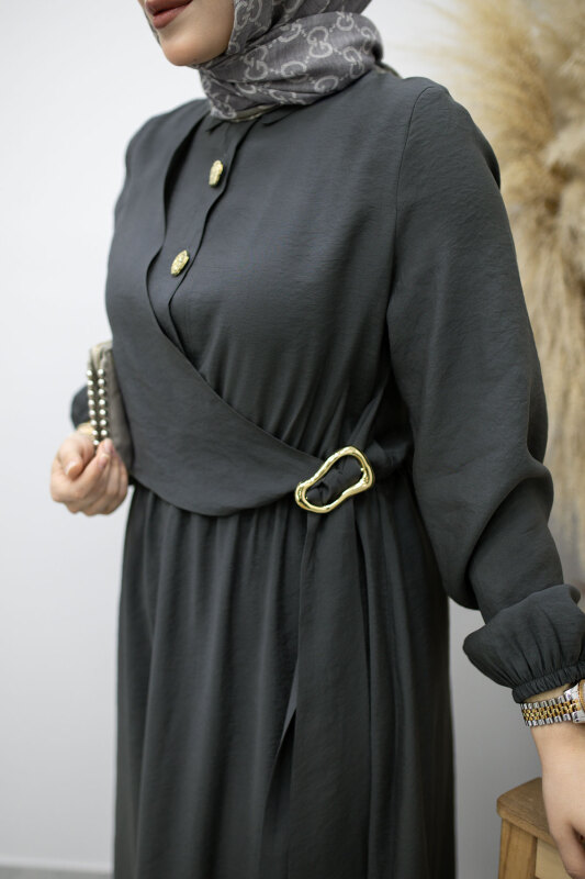 Yan Bağlamalı Toka Detaylı Elbise TSD260203 Füme - 4