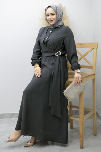 Yan Bağlamalı Toka Detaylı Elbise TSD260203 Füme - 5