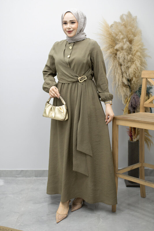 Yan Bağlamalı Toka Detaylı Elbise TSD260203 Haki - Tesettür Dünyası