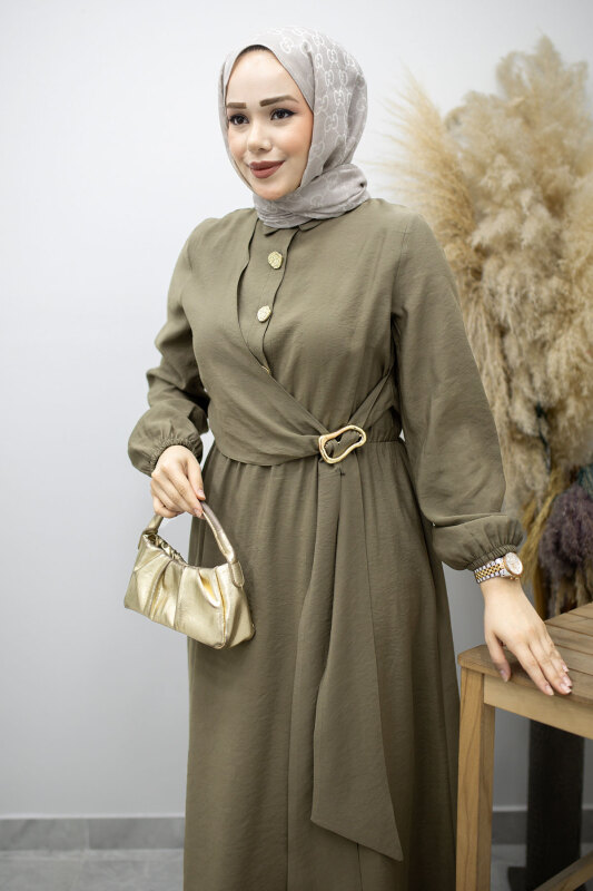 Yan Bağlamalı Toka Detaylı Elbise TSD260203 Haki - Tesettür Dünyası (1)