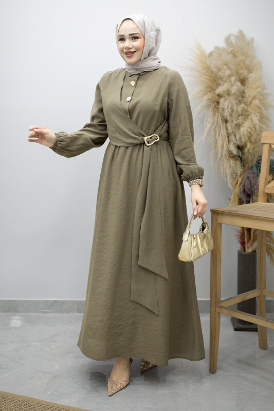 Yan Bağlamalı Toka Detaylı Elbise TSD260203 Haki - 3