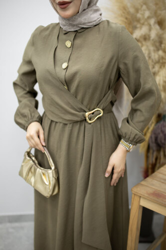 Yan Bağlamalı Toka Detaylı Elbise TSD260203 Haki - 4