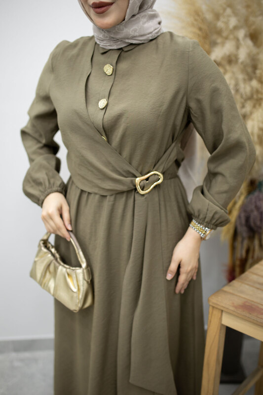 Yan Bağlamalı Toka Detaylı Elbise TSD260203 Haki - 4