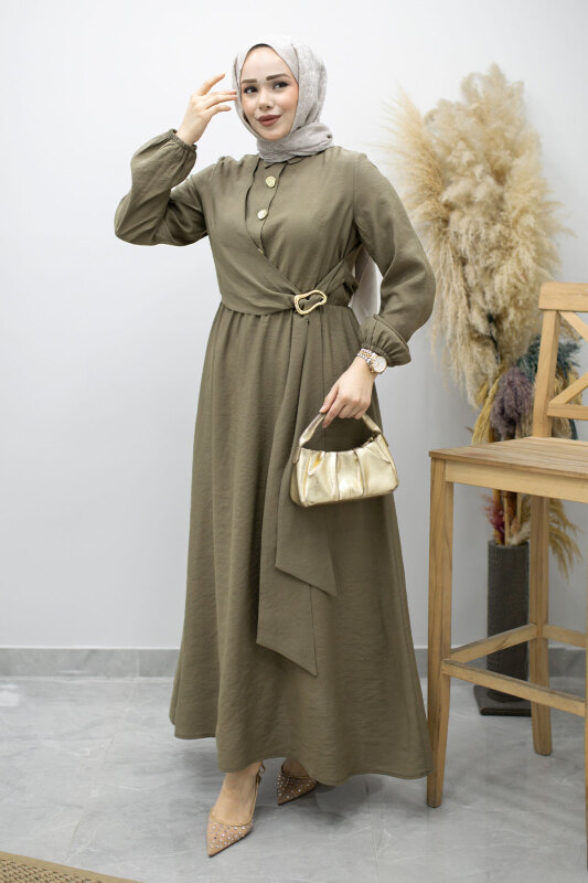 Yan Bağlamalı Toka Detaylı Elbise TSD260203 Haki - 5