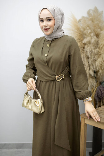 Yan Bağlamalı Toka Detaylı Elbise TSD260203 Haki - Tesettür Dünyası (1)