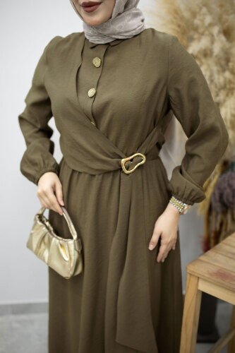 Yan Bağlamalı Toka Detaylı Elbise TSD260203 Haki - 4