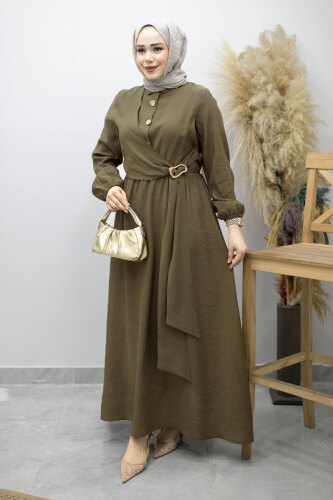 Yan Bağlamalı Toka Detaylı Elbise TSD260203 Haki - Tesettür Dünyası