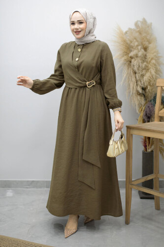 Yan Bağlamalı Toka Detaylı Elbise TSD260203 Haki - 3