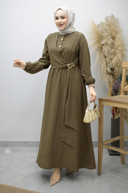 Yan Bağlamalı Toka Detaylı Elbise TSD260203 Haki - 3