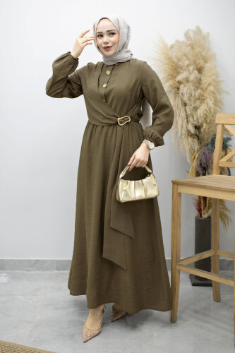 Yan Bağlamalı Toka Detaylı Elbise TSD260203 Haki - 5