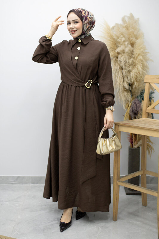 Yan Bağlamalı Toka Detaylı Elbise TSD260203 Kahverengi - 3