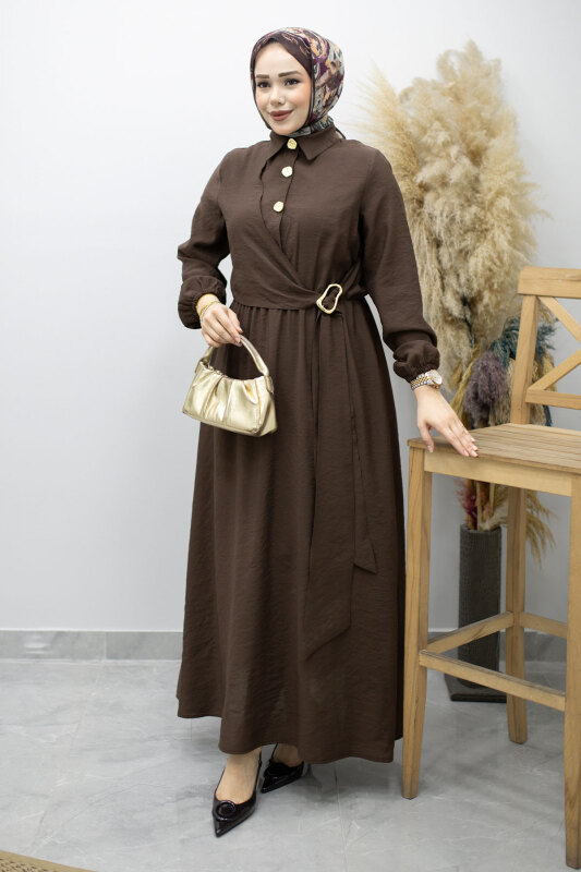 Yan Bağlamalı Toka Detaylı Elbise TSD260203 Kahverengi - 5